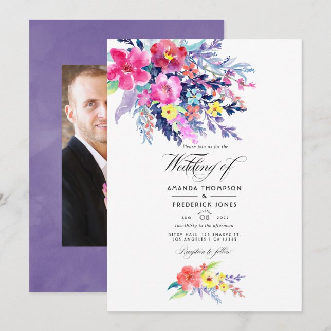 Colourful Watercolor Floral Spring Wedding Photo Invitation (Front/Back)