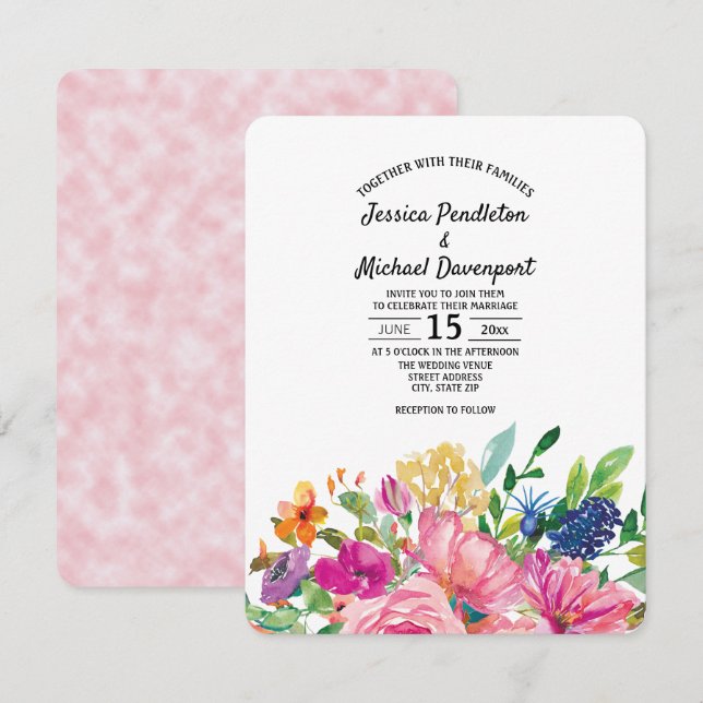 Colourful Watercolor Floral Square Wedding Invite (Front/Back)