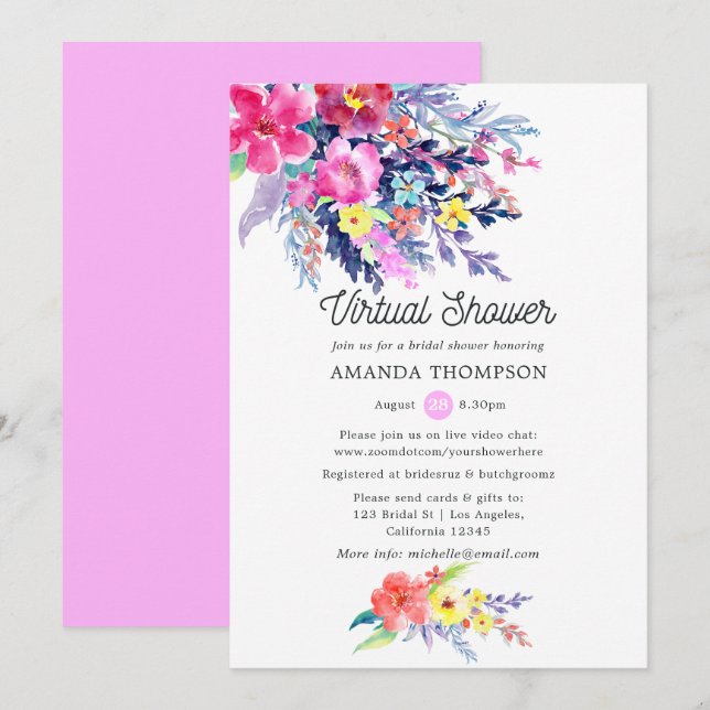 Colourful Watercolor Floral Virtual Bridal Shower Invitation (Front/Back)