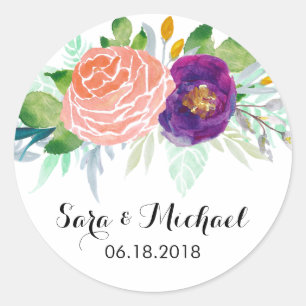 Colourful Watercolor Floral Wedding Classic Round Sticker