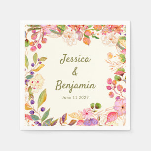 Colourful Watercolor Floral Wedding Custom Name Napkin