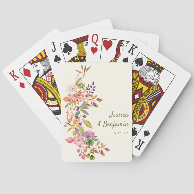 Colourful Watercolor Floral Wedding Favour Custom Playing Cards (Back)