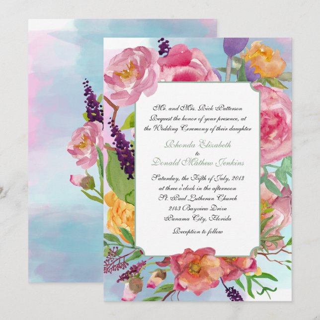 Colourful Watercolor Floral Wedding Invitation (Front/Back)