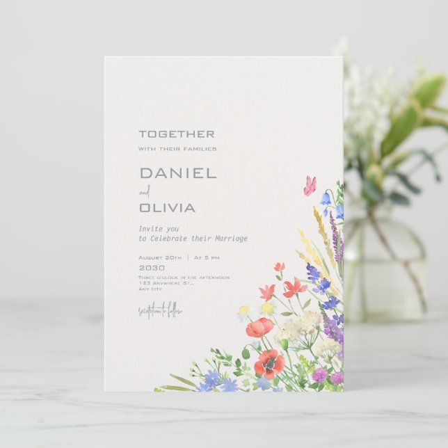 Colourful Watercolor Floral Wedding Invitation (Standing Front)