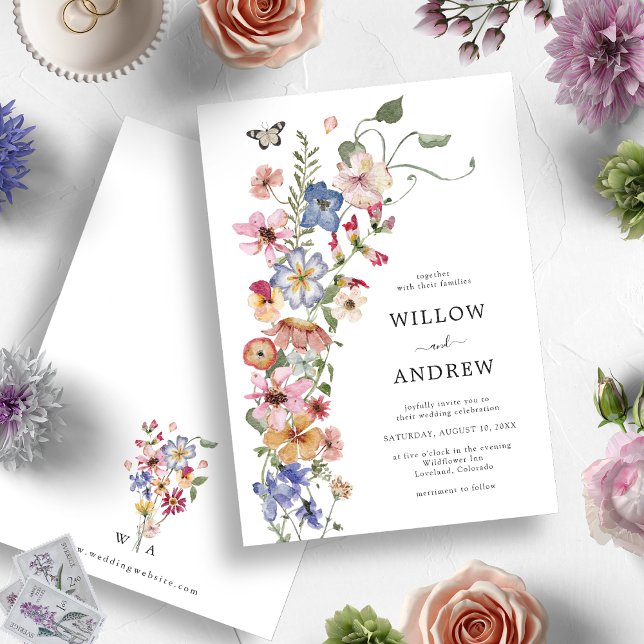 Colourful Watercolor Floral Wedding Invitation (Colorful Watercolor Wildflower with Monogrammed Back Wedding Invitation by Painted Paperie)