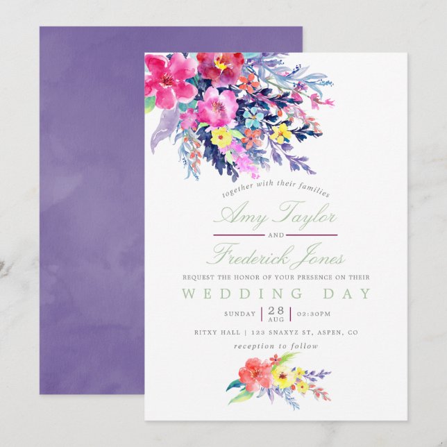 Colourful Watercolor Floral Wedding Invitation (Front/Back)