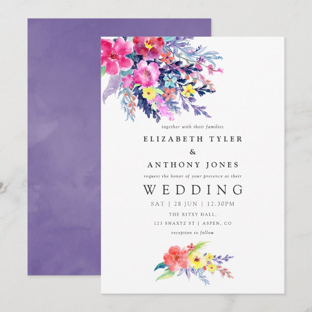 Colourful Watercolor Floral Wedding Invitation (Front/Back)
