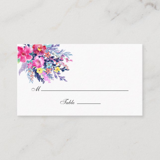 Colourful Watercolor Floral Wedding Place Card (Front)