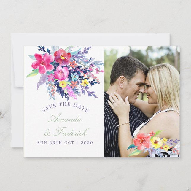 Colourful Watercolor Floral Wedding Save the Date (Front)
