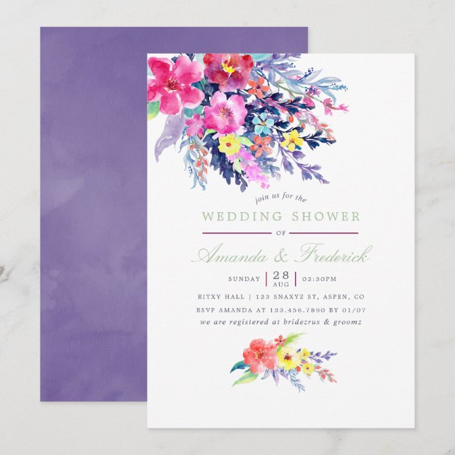 Colourful Watercolor Floral Wedding Shower Invitation (Front/Back)