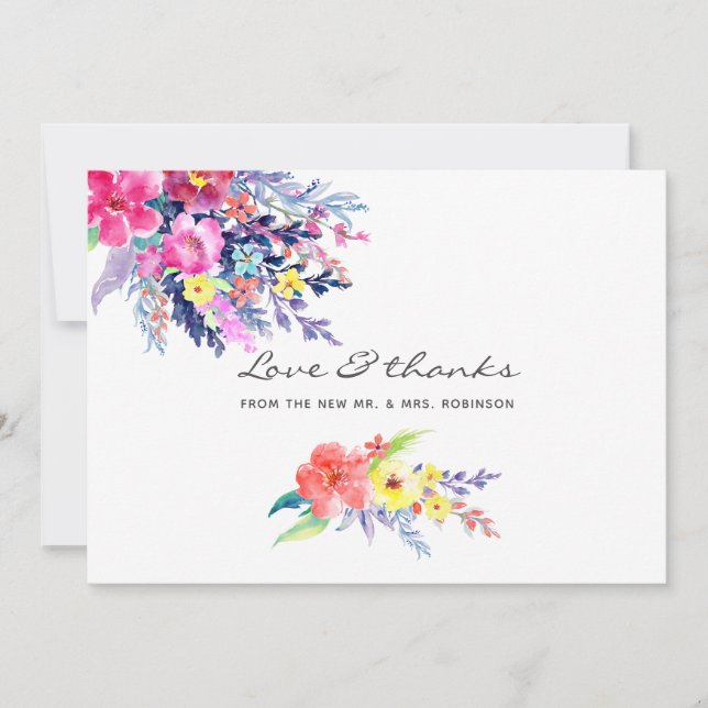 Colourful Watercolor Floral Wedding Thank You Card (Front)