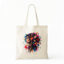 Colourful Watercolor Floral Woman Artistic Tote Ba