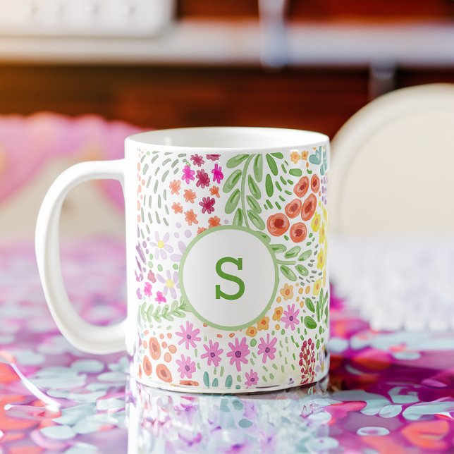 Colourful Watercolor Flower Pattern Spring Monogra Coffee Mug (Creator Uploaded)