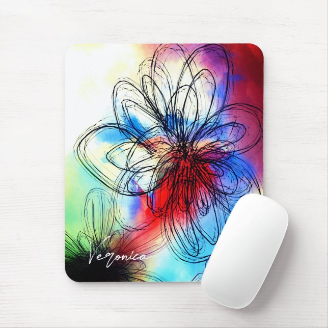 Colourful Watercolor Flowers Abstract Signature Mouse Mat (With Mouse)