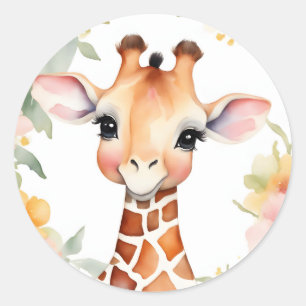 Colourful Watercolor Flowers And Giraffe Classic Round Sticker