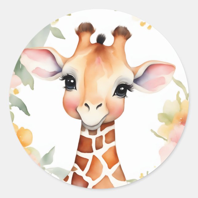 Colourful Watercolor Flowers And  Giraffe Classic Round Sticker (Front)