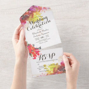 Colourful Watercolor Flowers Botanical Wedding RSV All In One Invitation