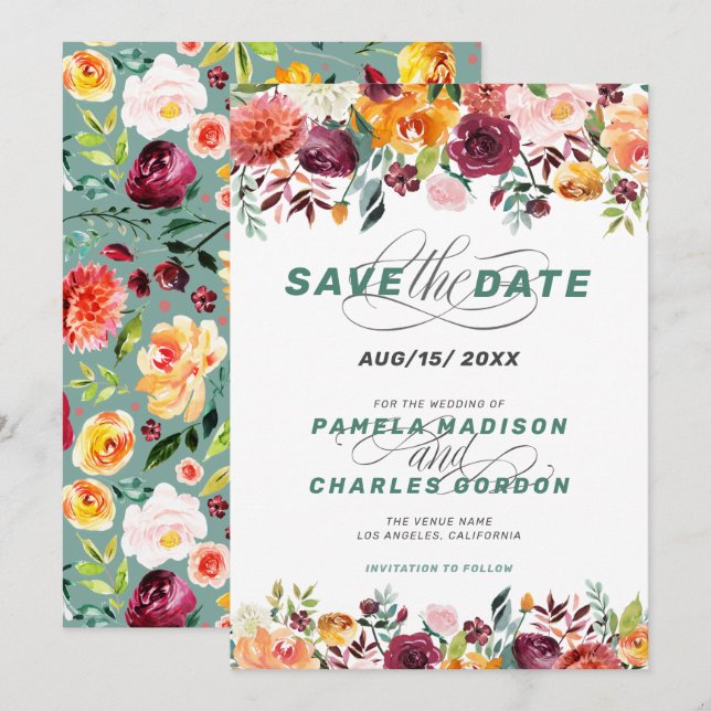 Colourful watercolor flowers & calligraphy accent invitation (Front/Back)