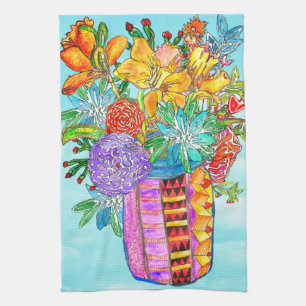 Colourful Watercolor Flowers in a Jar Kitchen Towe Tea Towel