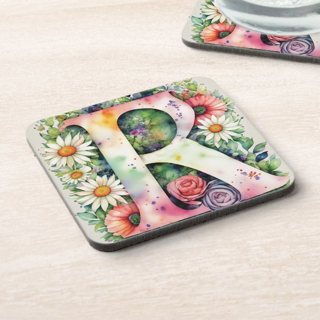 Colourful Watercolor Flowers Personalised Monogram Coaster (Left Side)