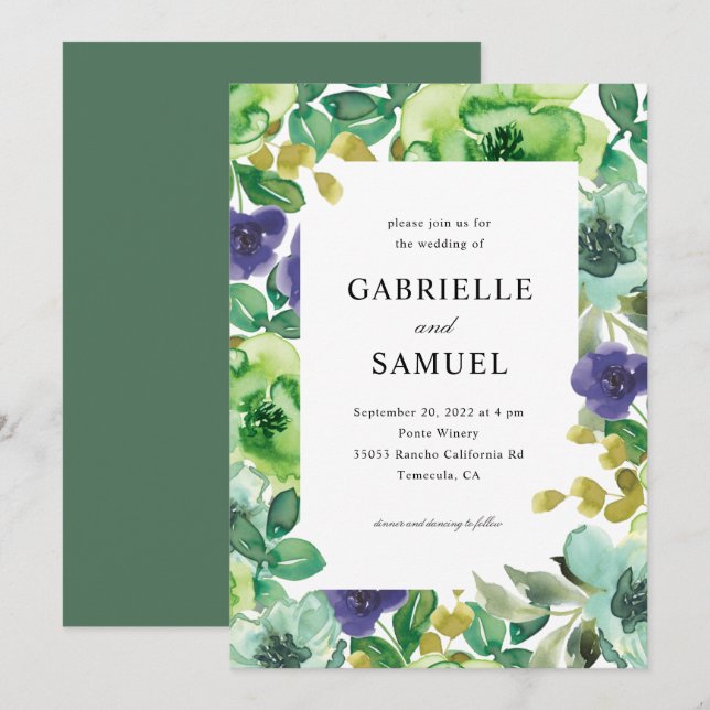 Colourful Watercolor Flowers Sage Green Wedding Invitation (Front/Back)