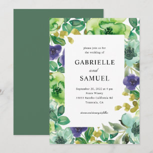 Colourful Watercolor Flowers Sage Green Wedding Invitation