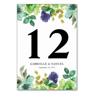 Colourful Watercolor Flowers Sage Green Wedding Table Number