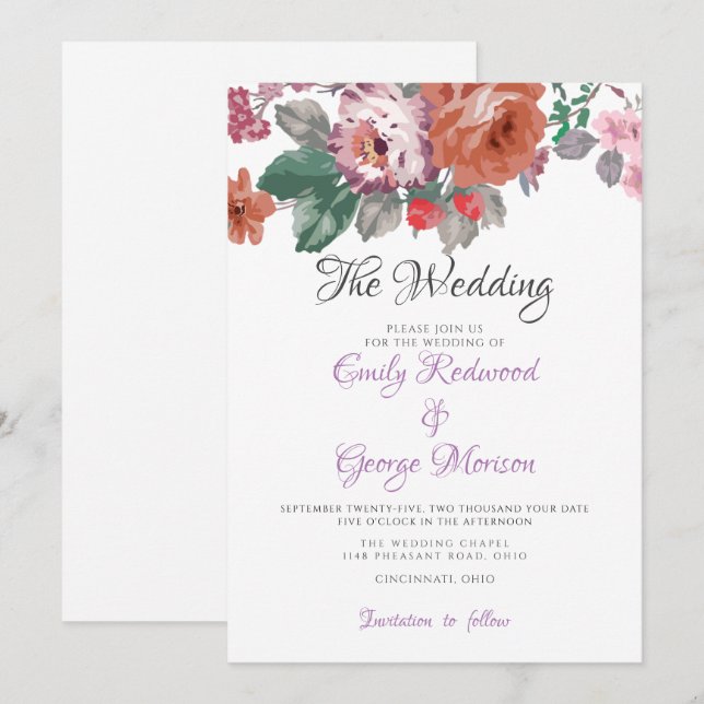 Colourful Watercolor Flowers Wedding Invitation (Front/Back)