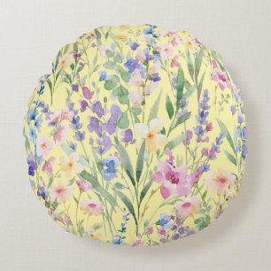 Colourful Watercolor Flowers Yellow Round Cushion