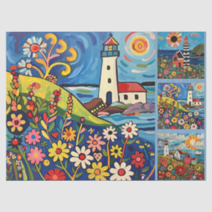 Colourful Watercolor Folk Art Light Houses Tissue Paper