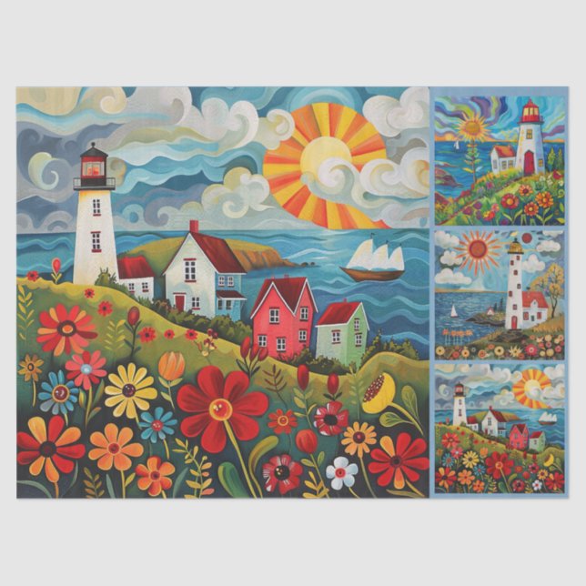 Colourful Watercolor Folk Art Light Houses Tissue Paper (Front)