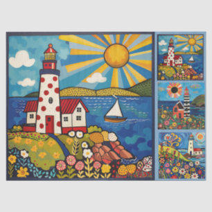 Colourful Watercolor Folk Art Light Houses Tissue Paper