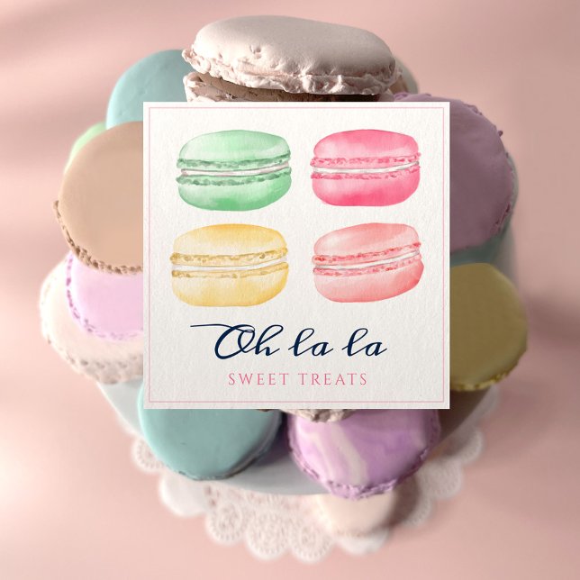Colourful Watercolor French Macaron Bakery & Sweet Square Business Card (Creator Uploaded)
