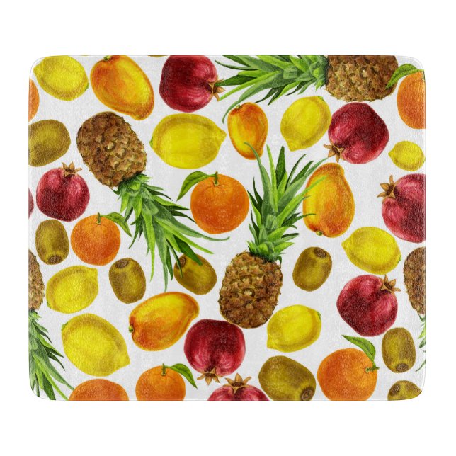 Colourful watercolor fruits glass cutting board (Front)