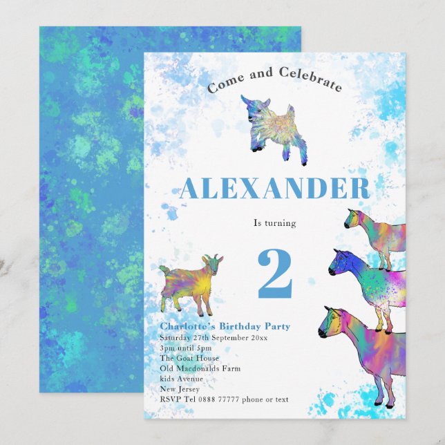 Colourful Watercolor Goat Birthday Party Blue Invitation (Front/Back)