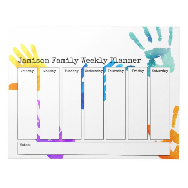 Colourful Watercolor Handprints Weekly Planner Notepad (Front)