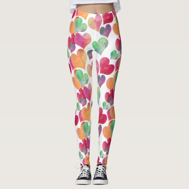 Colourful Watercolor Hearts Cute Girly Pattern Leggings (Front)