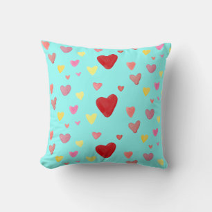 Colourful Watercolor Hearts Love Pattern Cushion