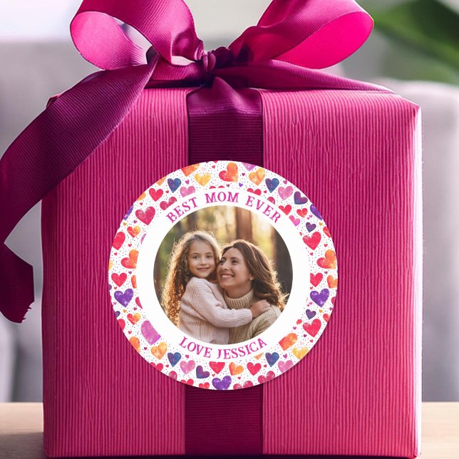 Colourful Watercolor Hearts Mother's Day Photo Classic Round Sticker (Creator Uploaded)