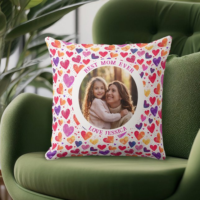 Colourful Watercolor Hearts Mother's Day Photo Cushion (Creator Uploaded)