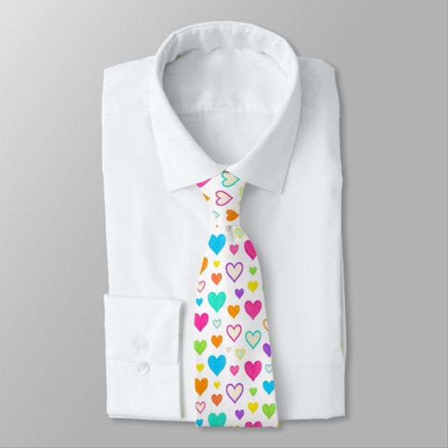 Colourful Watercolor Hearts Pattern Crew rainbow  Tie (Tied)