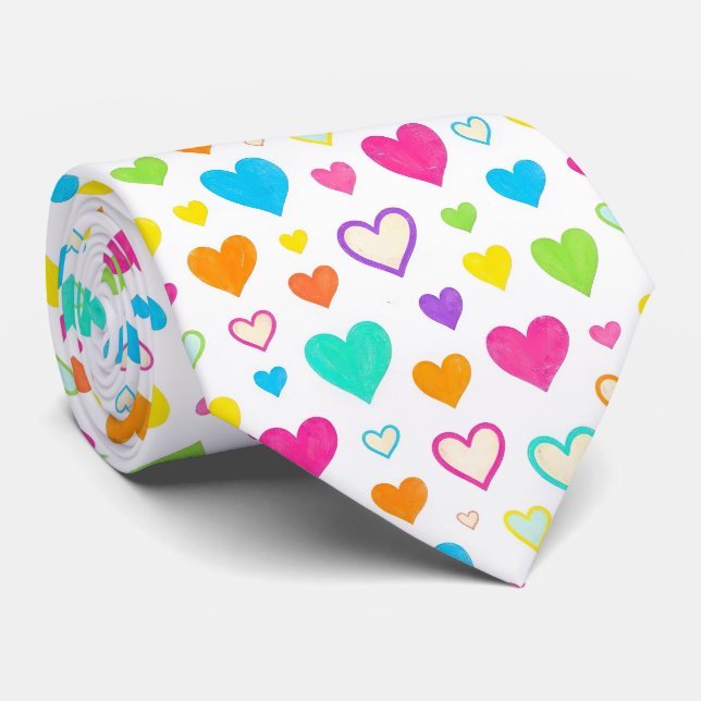 Colourful Watercolor Hearts Pattern Crew rainbow  Tie (Rolled)