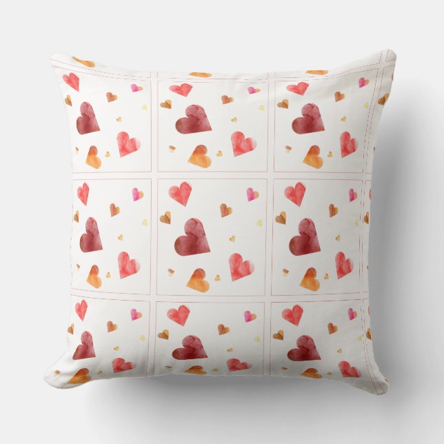 Colourful Watercolor Hearts Throw Pillow (Front)