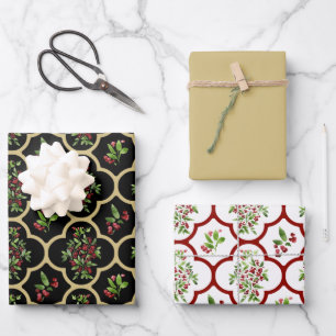 Colourful Watercolor Holly and Quatrefoil Wrapping Paper Sheet