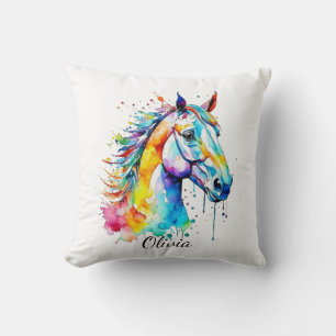 Colourful watercolor horse head design cushion