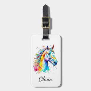 Colourful watercolor horse head design  luggage tag