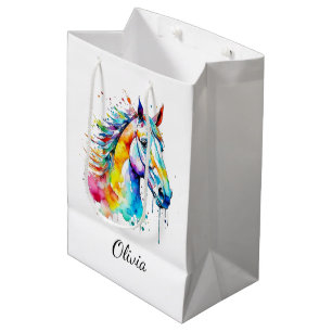 Colourful watercolor horse head design medium gift bag