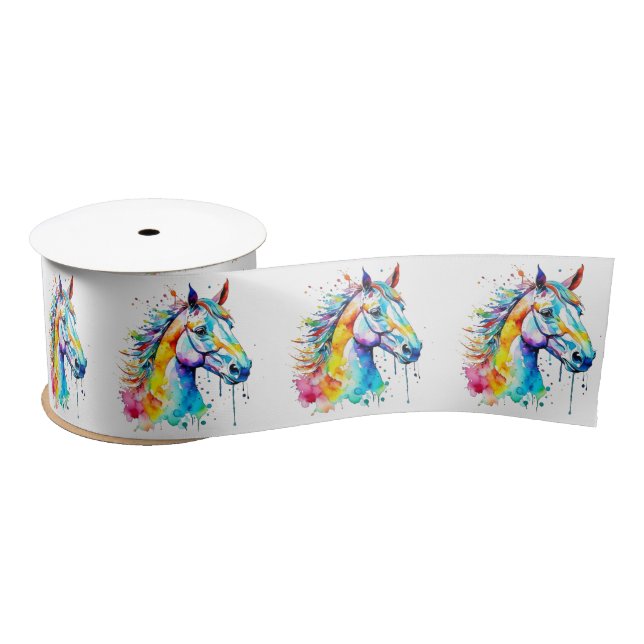 Colourful watercolor horse head design  satin ribbon (Spool)