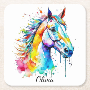 Colourful watercolor horse head design square paper coaster