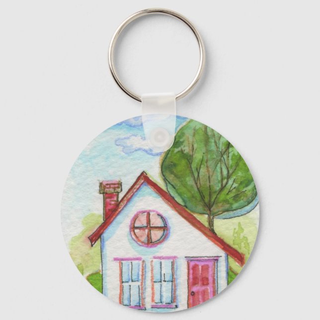Colourful Watercolor House Key Ring (Front)